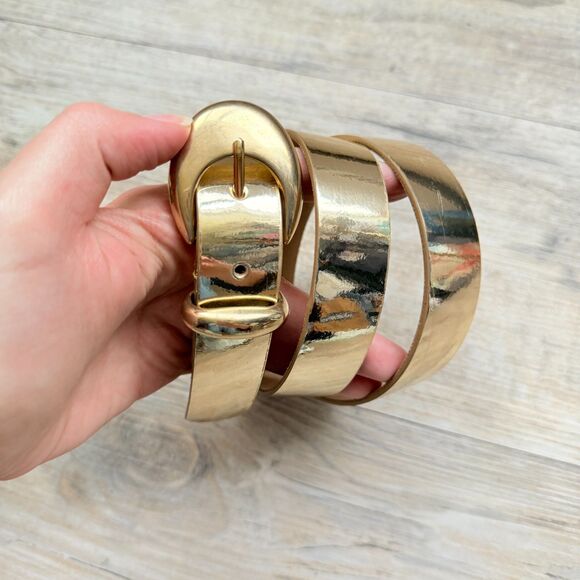 Vintage Gold Leather Belt Made in USA ML Statement Oval Buckle Minimalist main image 4